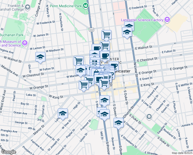 map of restaurants, bars, coffee shops, grocery stores, and more near 30 West Orange Street in Lancaster