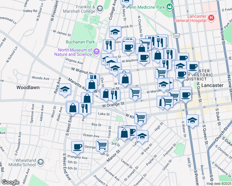 map of restaurants, bars, coffee shops, grocery stores, and more near 544 West Mill Avenue in Lancaster