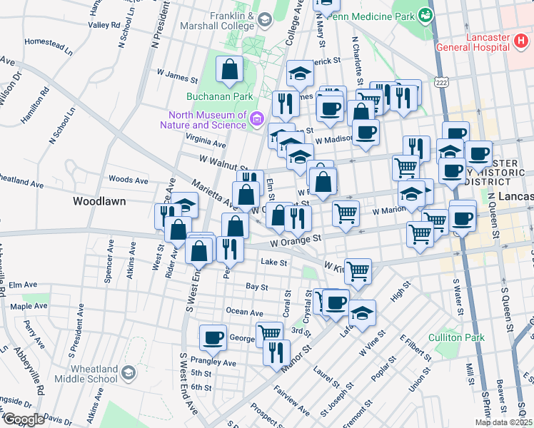 map of restaurants, bars, coffee shops, grocery stores, and more near 662 West Chestnut Street in Lancaster
