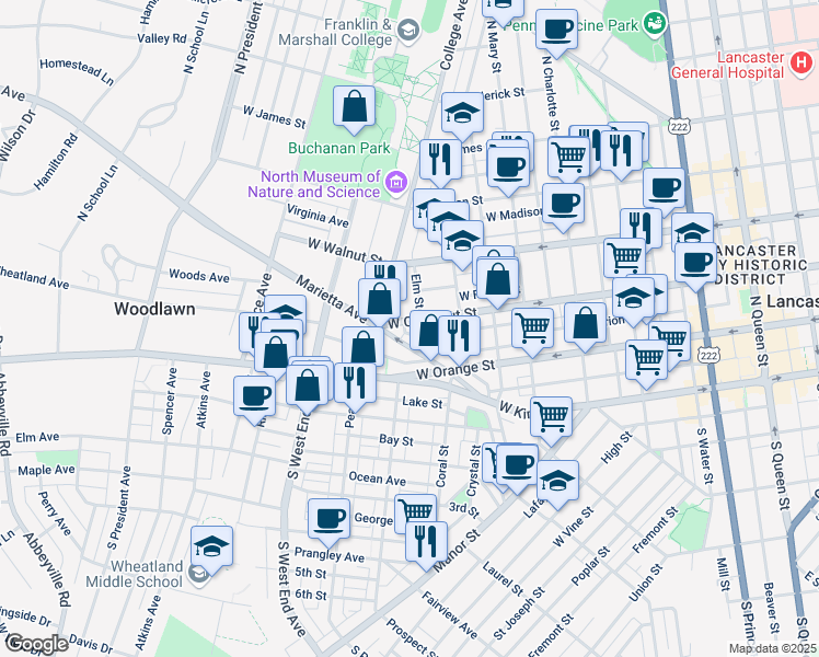 map of restaurants, bars, coffee shops, grocery stores, and more near 662 West Chestnut Street in Lancaster