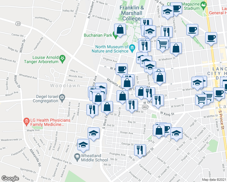 map of restaurants, bars, coffee shops, grocery stores, and more near 49 North West End Avenue in Lancaster