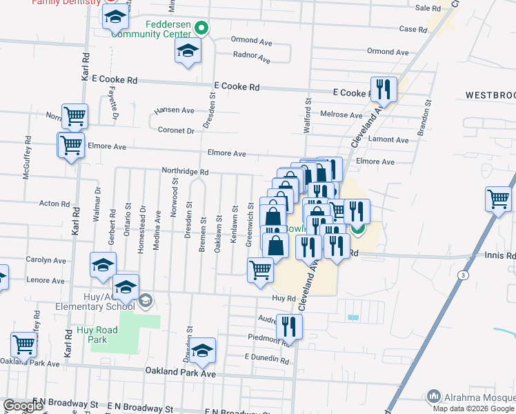 map of restaurants, bars, coffee shops, grocery stores, and more near 3532 Greenwich Street in Columbus