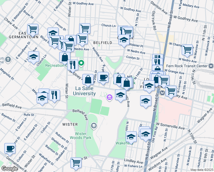 map of restaurants, bars, coffee shops, grocery stores, and more near 1807 West Olney Avenue in Philadelphia