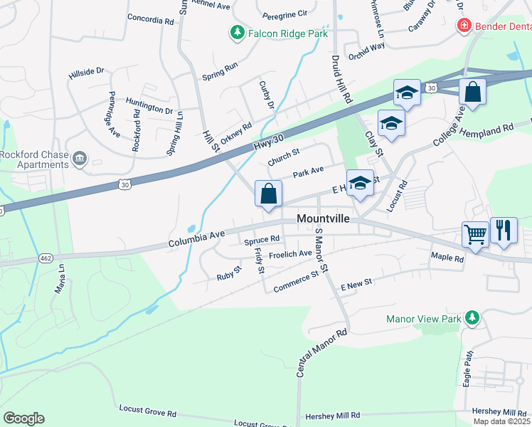 map of restaurants, bars, coffee shops, grocery stores, and more near 125 W Main St in Mountville