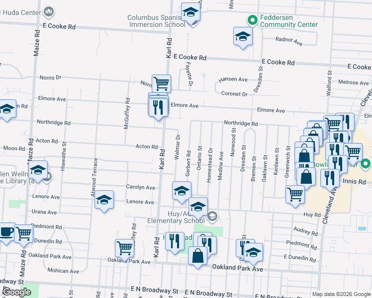 map of restaurants, bars, coffee shops, grocery stores, and more near 3565 Gerbert Road in Columbus