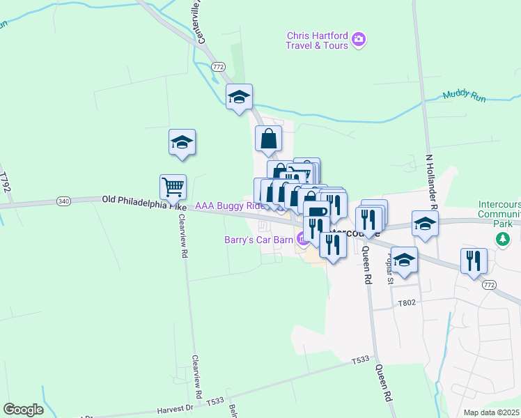 map of restaurants, bars, coffee shops, grocery stores, and more near 3445 Old Philadelphia Pike in Ronks