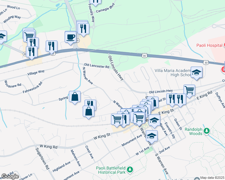 map of restaurants, bars, coffee shops, grocery stores, and more near 107 Margaret Lane in Malvern