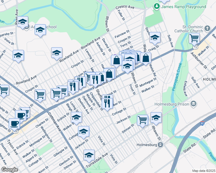map of restaurants, bars, coffee shops, grocery stores, and more near 4012 Lansing Street in Philadelphia