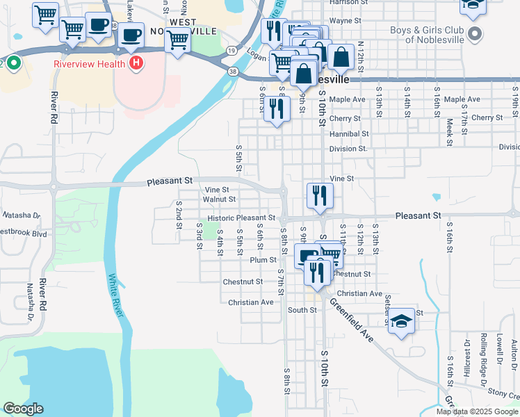 map of restaurants, bars, coffee shops, grocery stores, and more near South 6th Street in Noblesville