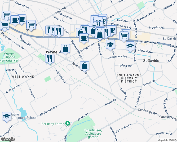 map of restaurants, bars, coffee shops, grocery stores, and more near 313 Conestoga Road in Wayne