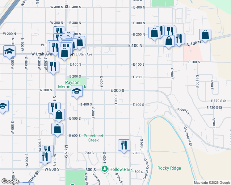 map of restaurants, bars, coffee shops, grocery stores, and more near 498 East 300 South in Payson