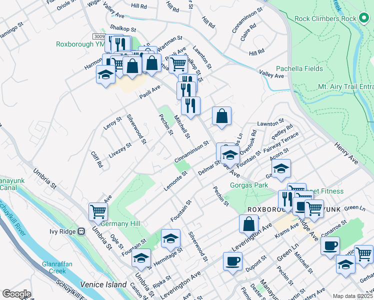 map of restaurants, bars, coffee shops, grocery stores, and more near 446 Cinnaminson St in Philadelphia