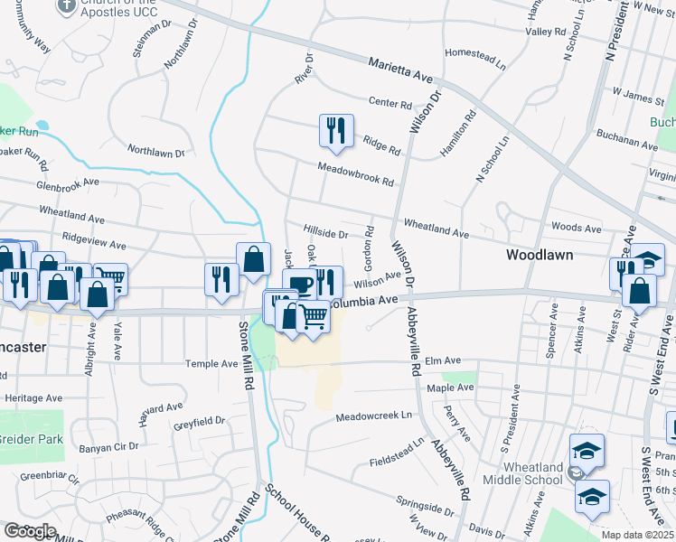 map of restaurants, bars, coffee shops, grocery stores, and more near 60 New Garden Ave in Lancaster