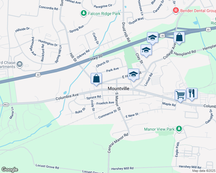 map of restaurants, bars, coffee shops, grocery stores, and more near 33 West Main Street in Mountville