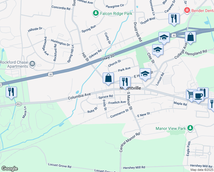 map of restaurants, bars, coffee shops, grocery stores, and more near 125 W Main St in Mountville