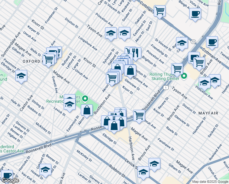 map of restaurants, bars, coffee shops, grocery stores, and more near 6717 Bustleton Avenue in Philadelphia