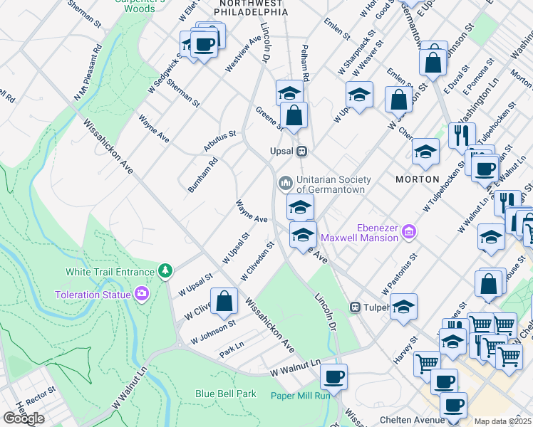 map of restaurants, bars, coffee shops, grocery stores, and more near 6500 Lincoln Drive in Philadelphia