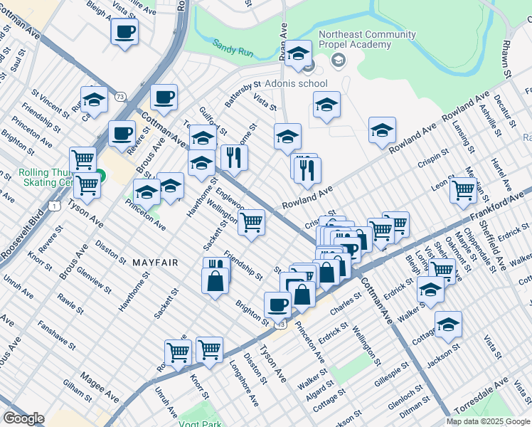 map of restaurants, bars, coffee shops, grocery stores, and more near 3252 Cottman Avenue in Philadelphia