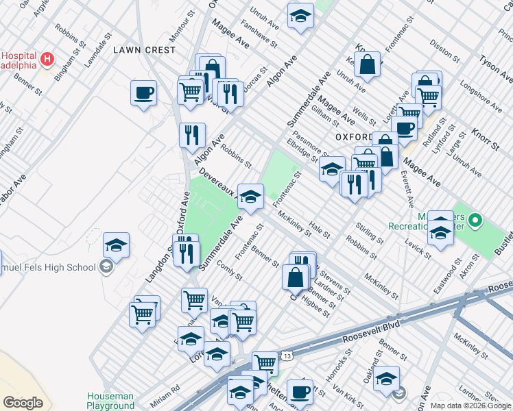 map of restaurants, bars, coffee shops, grocery stores, and more near 1109 Devereaux Avenue in Philadelphia