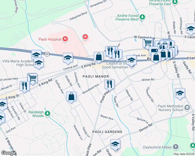 map of restaurants, bars, coffee shops, grocery stores, and more near 18 Beryl Road in Paoli