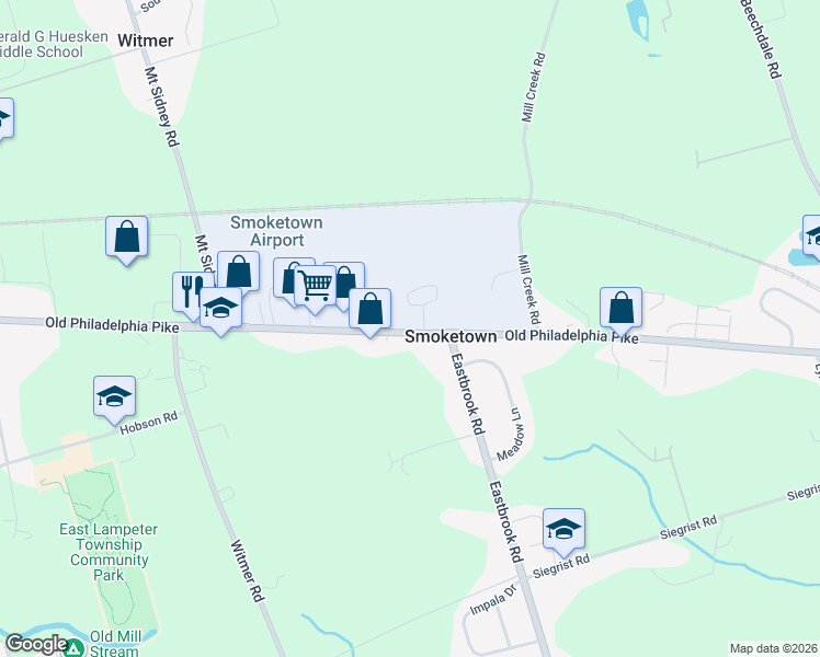 map of restaurants, bars, coffee shops, grocery stores, and more near 2483 Old Philadelphia Pike in Smoketown