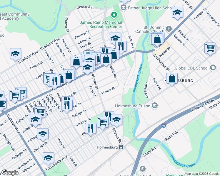 map of restaurants, bars, coffee shops, grocery stores, and more near 8038 Walker Street in Philadelphia