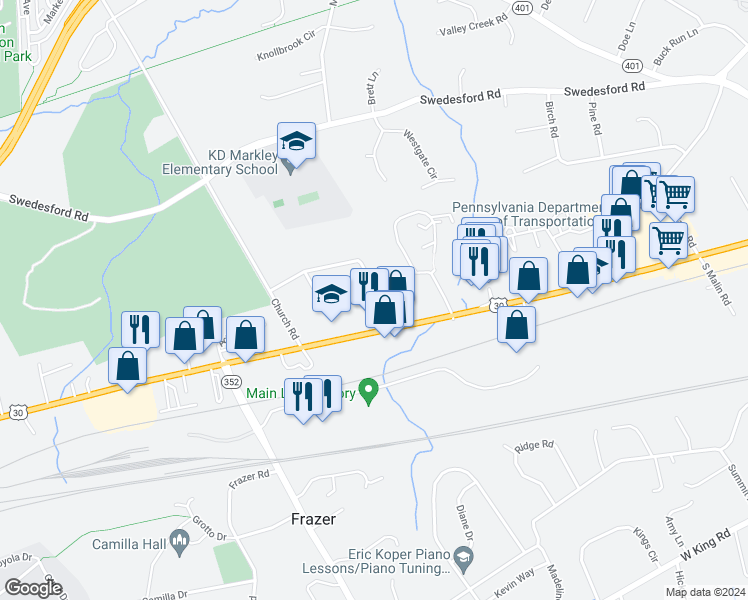 map of restaurants, bars, coffee shops, grocery stores, and more near 8 Beechwood Avenue in Malvern