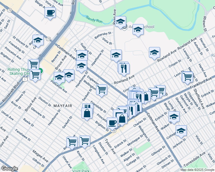 map of restaurants, bars, coffee shops, grocery stores, and more near 3252 Cottman Avenue in Philadelphia