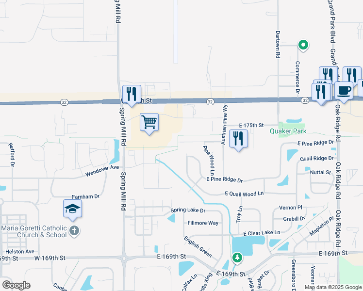 map of restaurants, bars, coffee shops, grocery stores, and more near 127 West Flat Rock Drive in Westfield