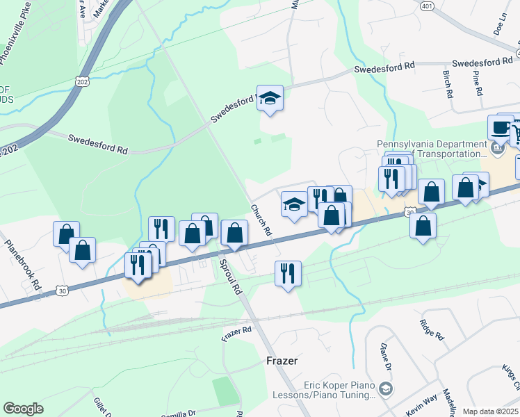map of restaurants, bars, coffee shops, grocery stores, and more near 25 Church Road in Malvern