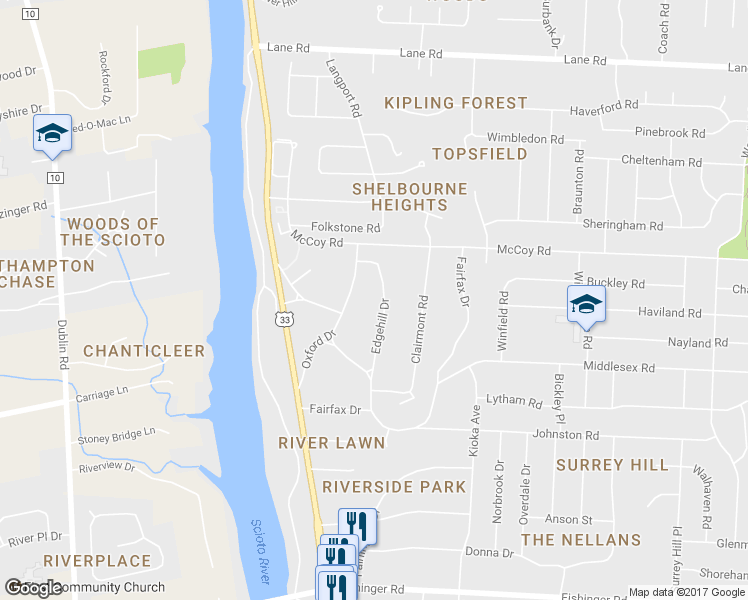 map of restaurants, bars, coffee shops, grocery stores, and more near 4205 Edgehill Drive in Columbus