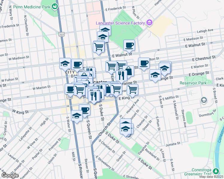 map of restaurants, bars, coffee shops, grocery stores, and more near 36 North Lime Street in Lancaster