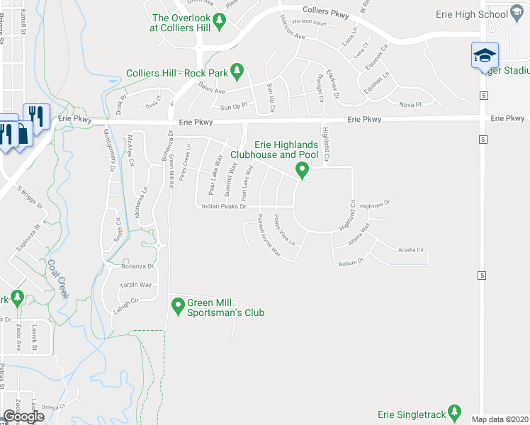 map of restaurants, bars, coffee shops, grocery stores, and more near 303 Painted Horse Way in Erie