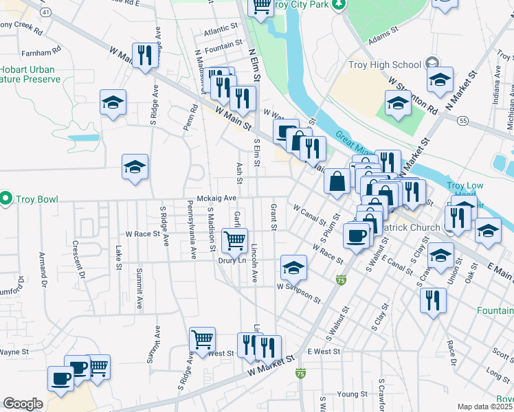 map of restaurants, bars, coffee shops, grocery stores, and more near 311 Lincoln Avenue in Troy