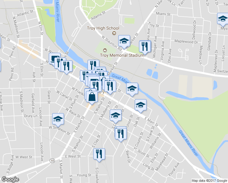 map of restaurants, bars, coffee shops, grocery stores, and more near 22 North Mulberry Street in Troy