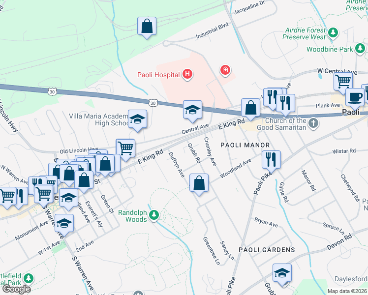 map of restaurants, bars, coffee shops, grocery stores, and more near 300 Penns Ln in Malvern