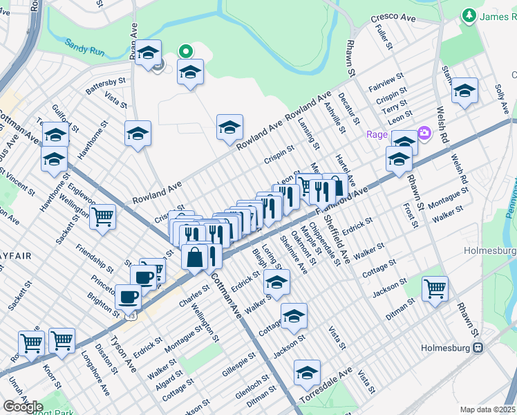 map of restaurants, bars, coffee shops, grocery stores, and more near 3516 Shelmire Avenue in Philadelphia