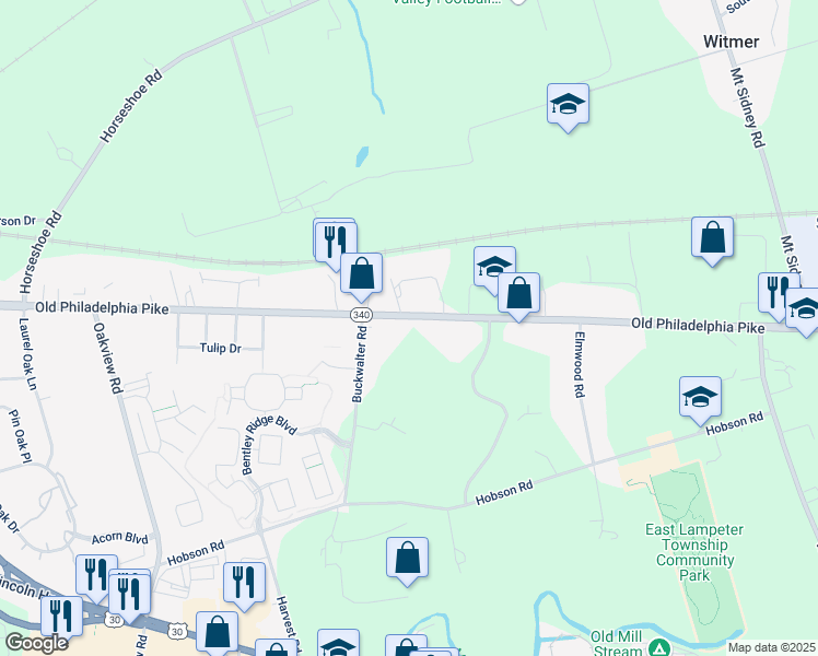 map of restaurants, bars, coffee shops, grocery stores, and more near 2212 Old Philadelphia Pike in Lancaster