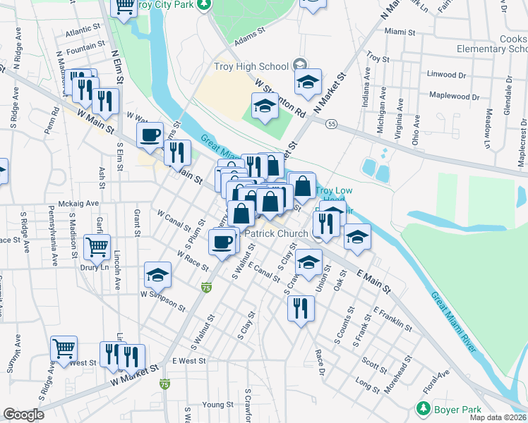 map of restaurants, bars, coffee shops, grocery stores, and more near 5 East Main Street in Troy