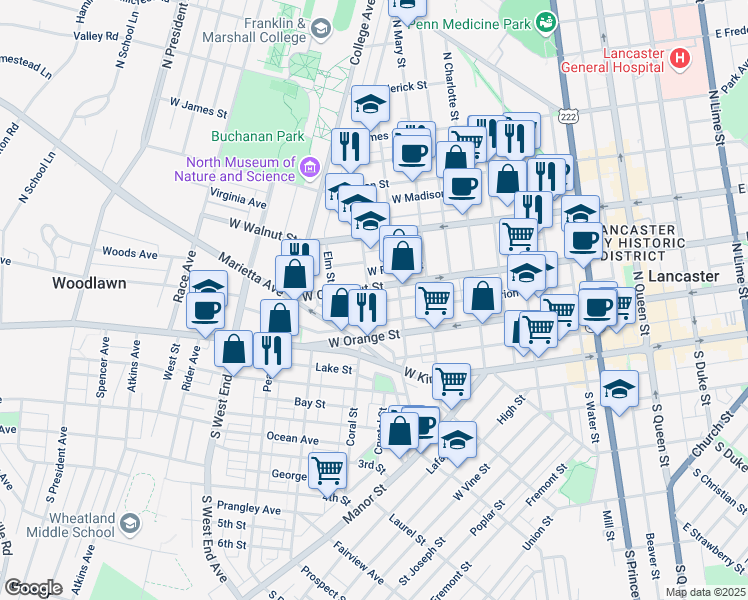 map of restaurants, bars, coffee shops, grocery stores, and more near 141 Nevin Street in Lancaster