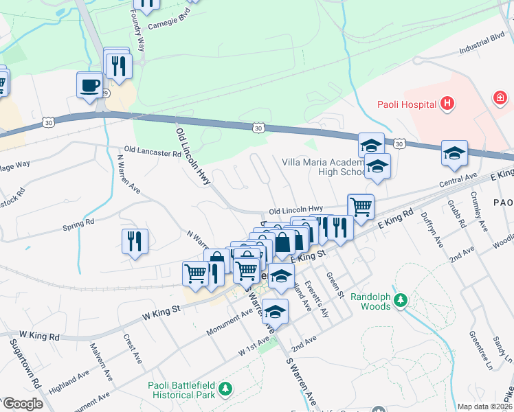 map of restaurants, bars, coffee shops, grocery stores, and more near 131 Old Lincoln Highway in Malvern