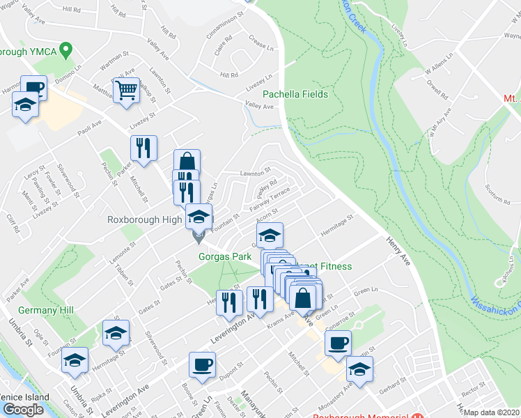 map of restaurants, bars, coffee shops, grocery stores, and more near 555 Fairway Terrace in Philadelphia