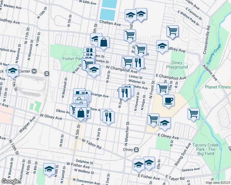 map of restaurants, bars, coffee shops, grocery stores, and more near 5823 North American Street in Philadelphia