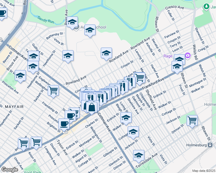 map of restaurants, bars, coffee shops, grocery stores, and more near 3447 Bleigh Avenue in Philadelphia