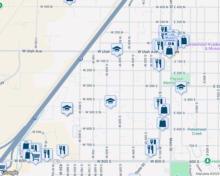 map of restaurants, bars, coffee shops, grocery stores, and more near 573 West 300 South in Payson