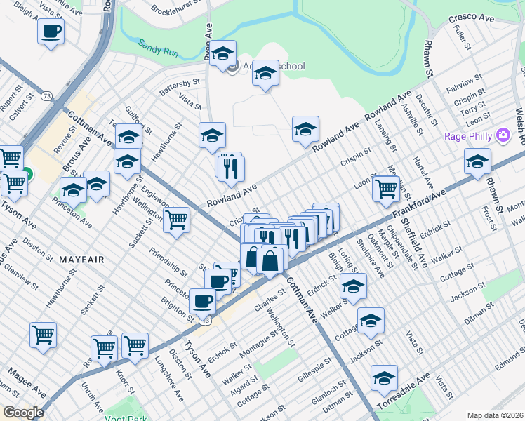 map of restaurants, bars, coffee shops, grocery stores, and more near 3400 Aldine Street in Philadelphia