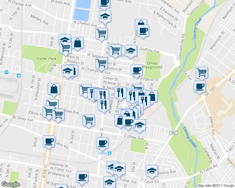 map of restaurants, bars, coffee shops, grocery stores, and more near 5846 North Hope Street in Philadelphia
