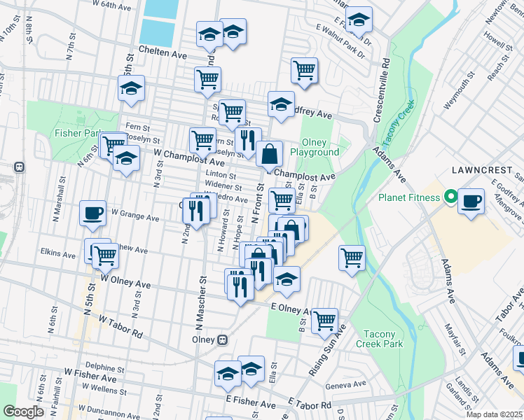 map of restaurants, bars, coffee shops, grocery stores, and more near 5829 N Front St in Philadelphia