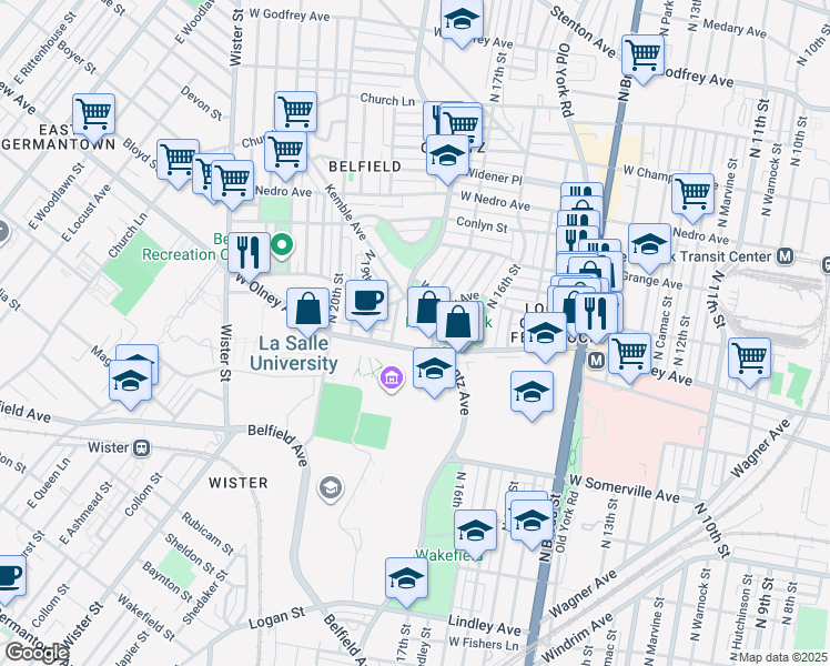 map of restaurants, bars, coffee shops, grocery stores, and more near 5600 North 18th Street in Philadelphia