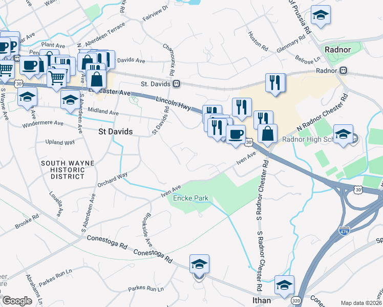 map of restaurants, bars, coffee shops, grocery stores, and more near 290 Iven Avenue in Wayne